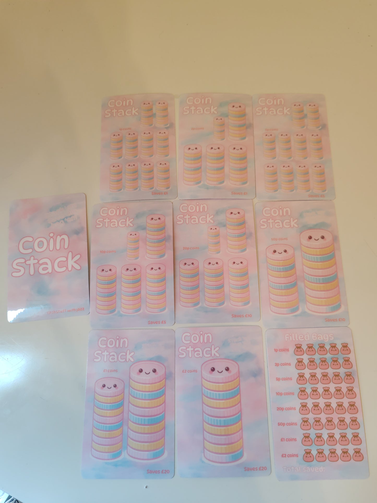 Coin stack full set savings challenges. Each card is for each coin denomination and fills a bank bag when complete
