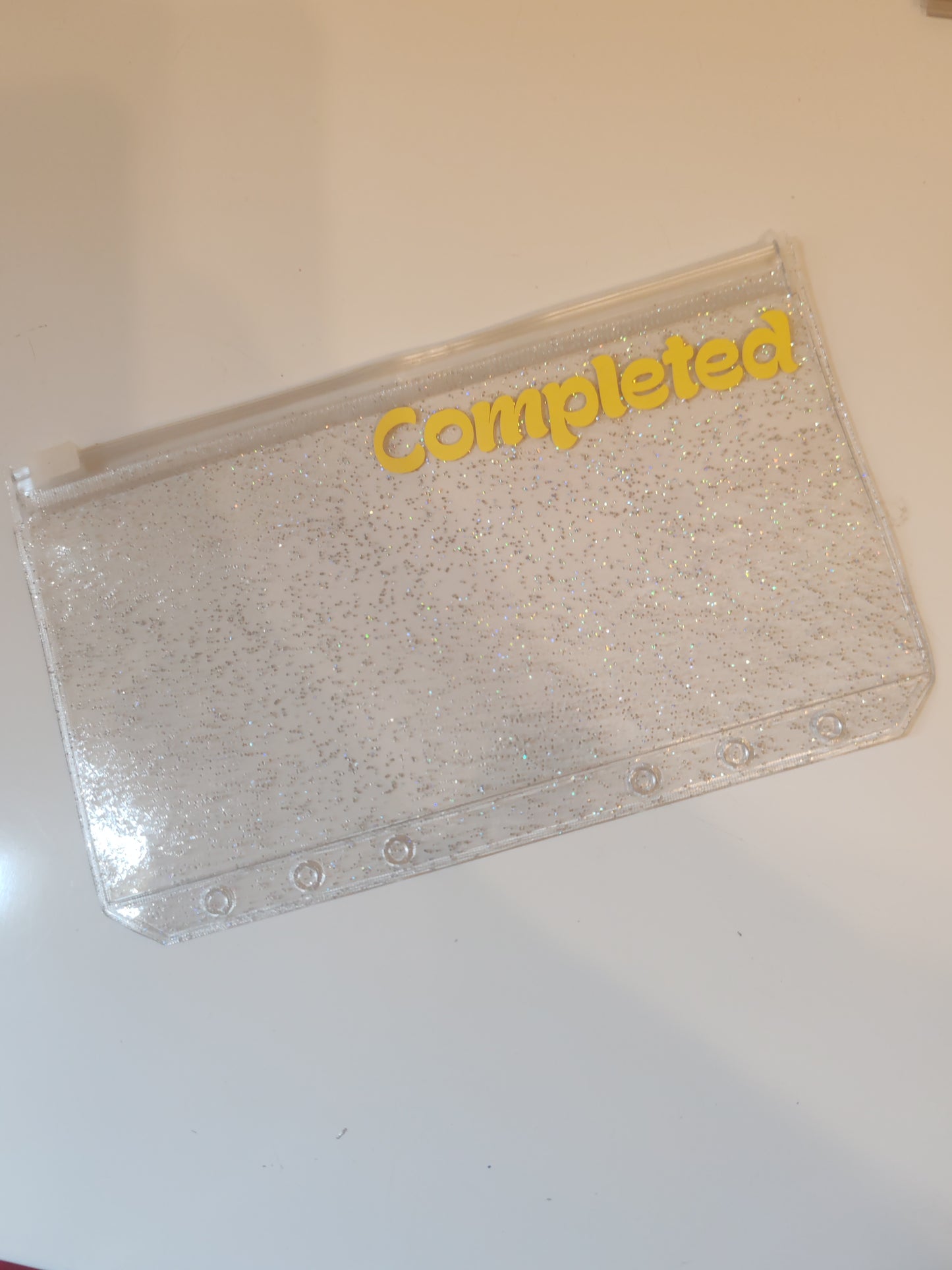 Completed yellow vinyl A6 zip glitter envelope