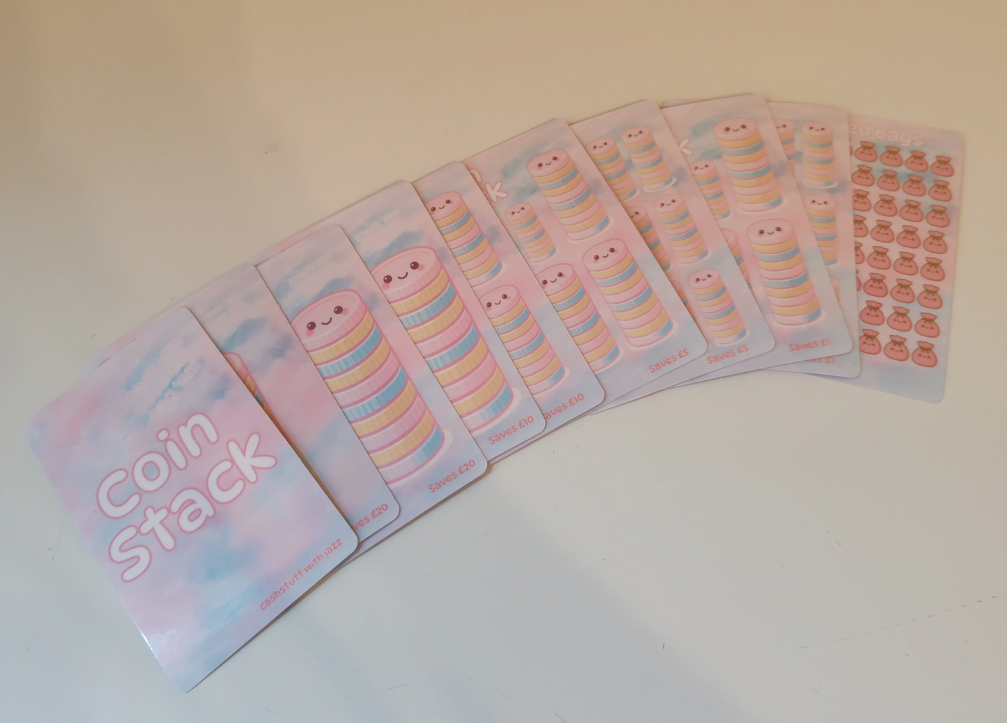 Coin stack full set savings challenges. Each card is for each coin denomination and fills a bank bag when complete