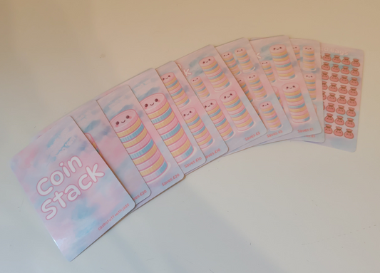 Coin stack full set savings challenges. Each card is for each coin denomination and fills a bank bag when complete